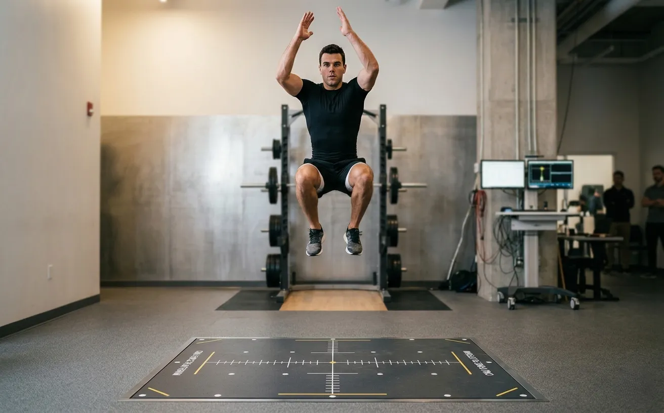 Athlete performing a counter-movement jump on a force platform during return-to-performance assessment
