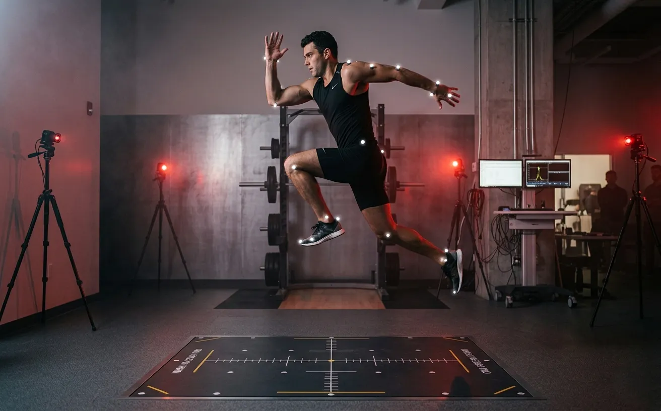 Athlete with reflective motion-capture markers during biomechanics analysis