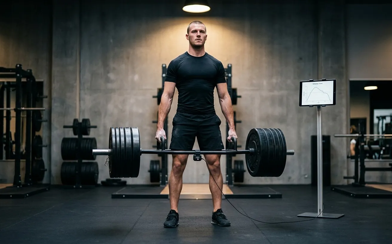 Athlete performing an explosive lift with velocity-tracking during power diagnostics