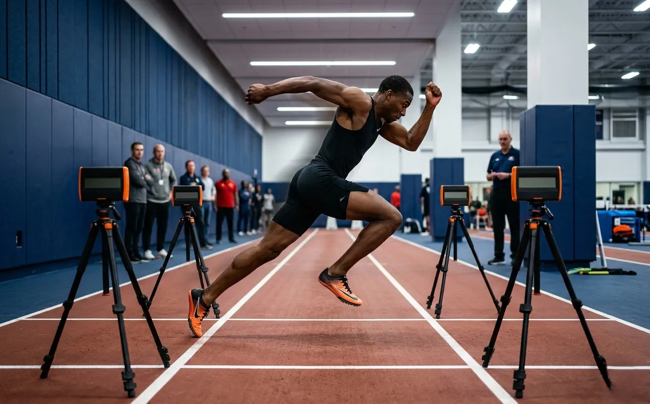 Athlete sprinting through electronic timing gates during speed assessment
