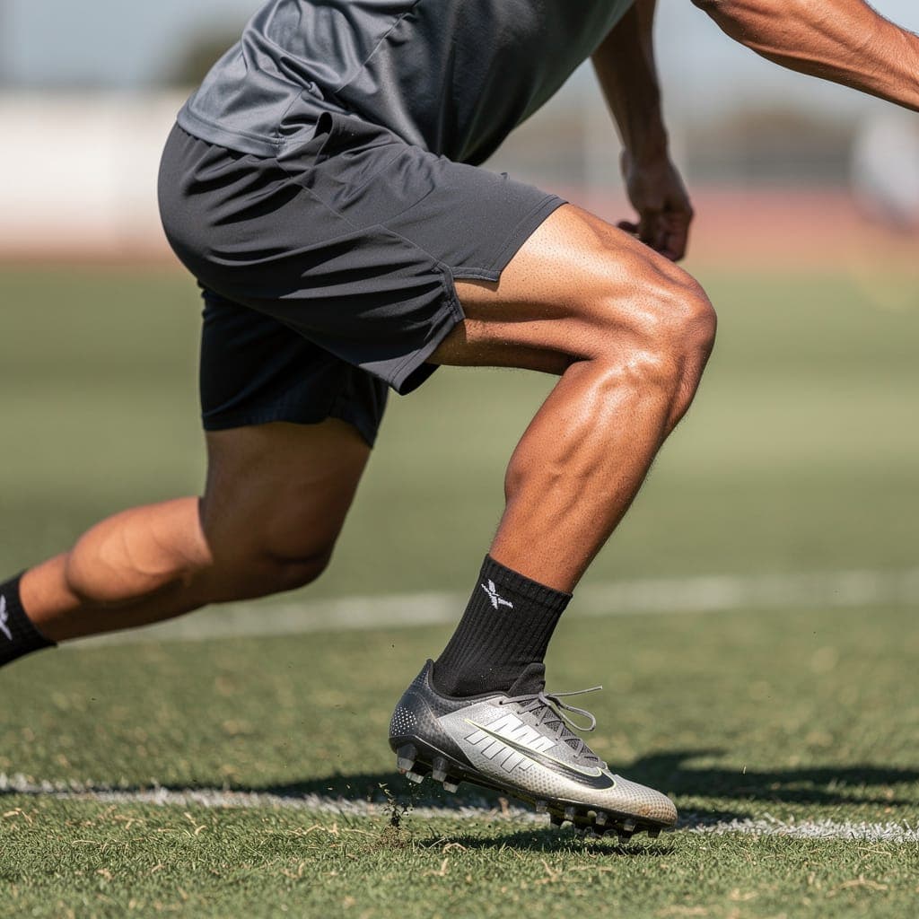 Athlete driving out of the first step — acceleration training on the field